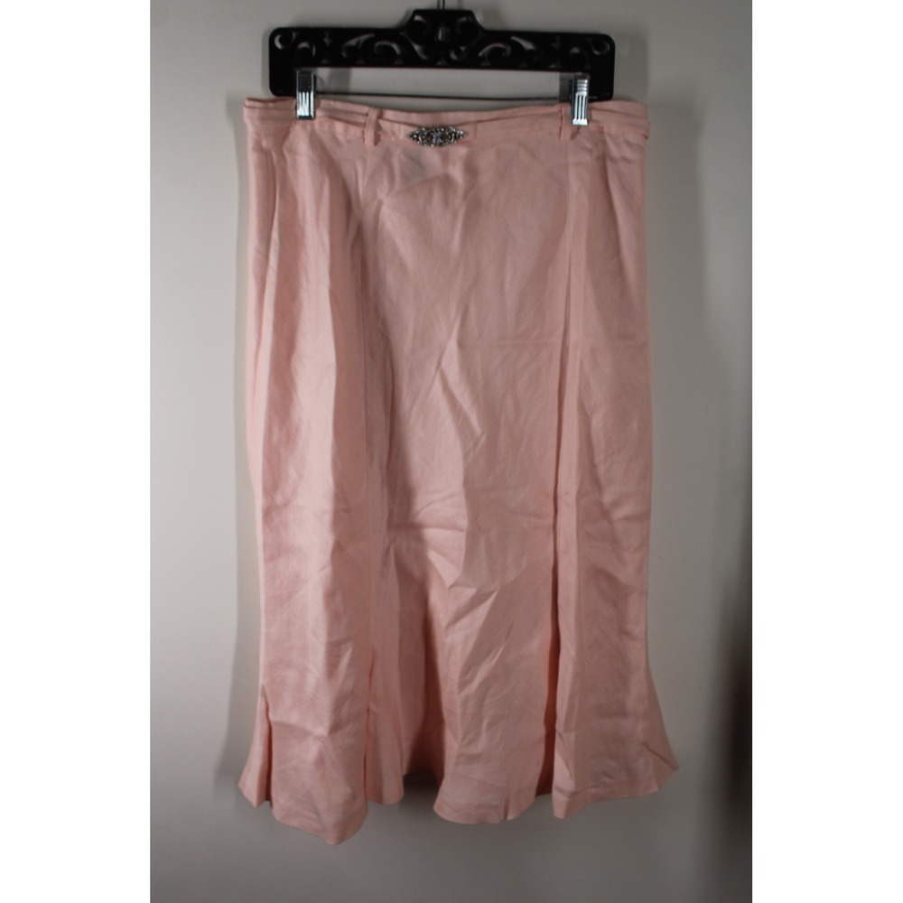 Lauren Ralph Lauren 12 Pink Linen Midi Skirt Rhinestone Buckle A-Line Flared Hem